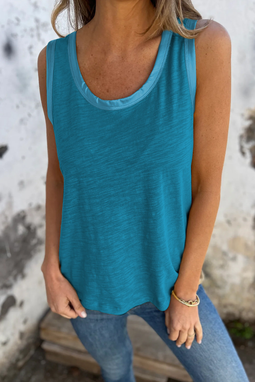 Tan Metallic Sheen Edge Scoop Neck Tank Top