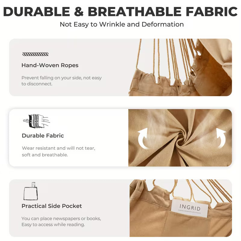 Hammock Chair with Soft Cushions & Steel Bar – Hanging Rope Swing with Side Pocket (Beige)