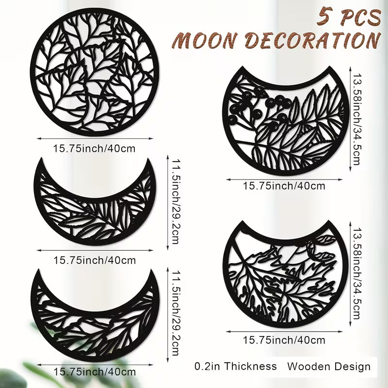 5‑Piece Moon Phase Wall Art Set – Modern Nordic Lunar Decor in Matte Black (10.6")