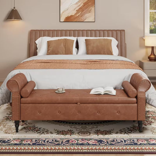 65" Upholstered Storage Bench – Faux Leather Tufted Bed Bench with Rolled Arms & Nailhead Trim (Deep Hidden Storage)