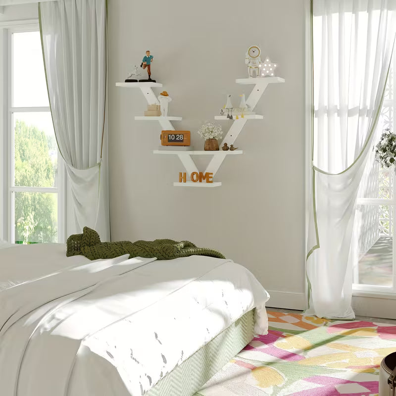 7‑Tier Wooden Floating Shelf – V‑Shaped Tree‑Branch Wall Shelf for Books, Plants & Décor (White)