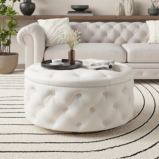 30" Round Storage Ottoman with Removable Lid & Reversible Tray – Button‑Tufted Coffee Table Footrest (Cream White)
