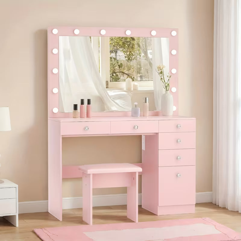 42" Makeup Vanity Table Set with Lighted Mirror, Built‑In Outlet, 5 Drawers, Cabinet & Stool (Black / White / Pink)