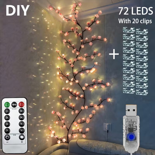 Cherry Blossom LED Branch Lights – Flexible Sakura Vine with 72/96/144 LEDs, USB Powered, 8 Modes