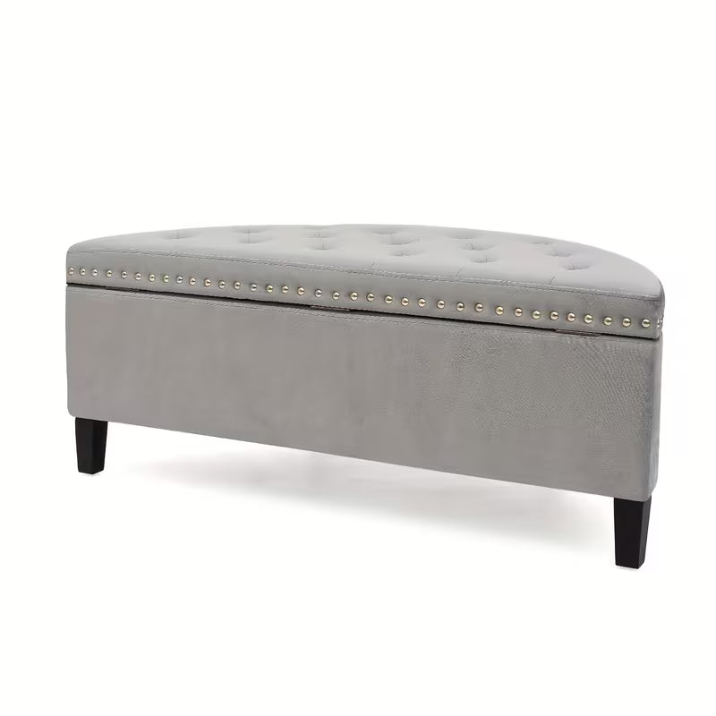 43.5" Velvet Half‑Moon Storage Bench with Tufting, Rivet Trim & Hardwood Frame (Multiple Colors)