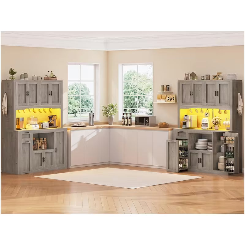 71" Pantry Cabinet with Charging Station & LED Light – Kitchen Storage Cabinet with Microwave Stand & 3‑Tier Storage Cart (Grey)