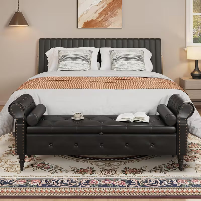 65" Upholstered Storage Bench – Faux Leather Tufted Bed Bench with Rolled Arms & Nailhead Trim (Deep Hidden Storage)