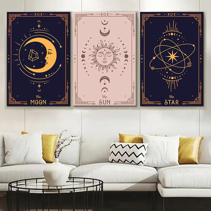 3‑Piece Celestial Moon Sun Star Canvas Wall Art Set – Framed Waterproof Prints (Wrapped Canvas)