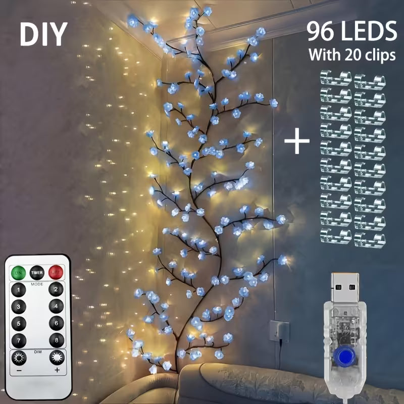 Cherry Blossom LED Branch Lights – Flexible Sakura Vine with 72/96/144 LEDs, USB Powered, 8 Modes