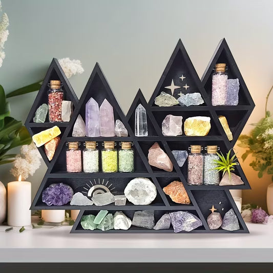 Bohemian Mountain‑Shaped Floating Shelf – Multi‑Compartment Wall Display for Crystals, Trinkets & Décor (Artificial Wood)