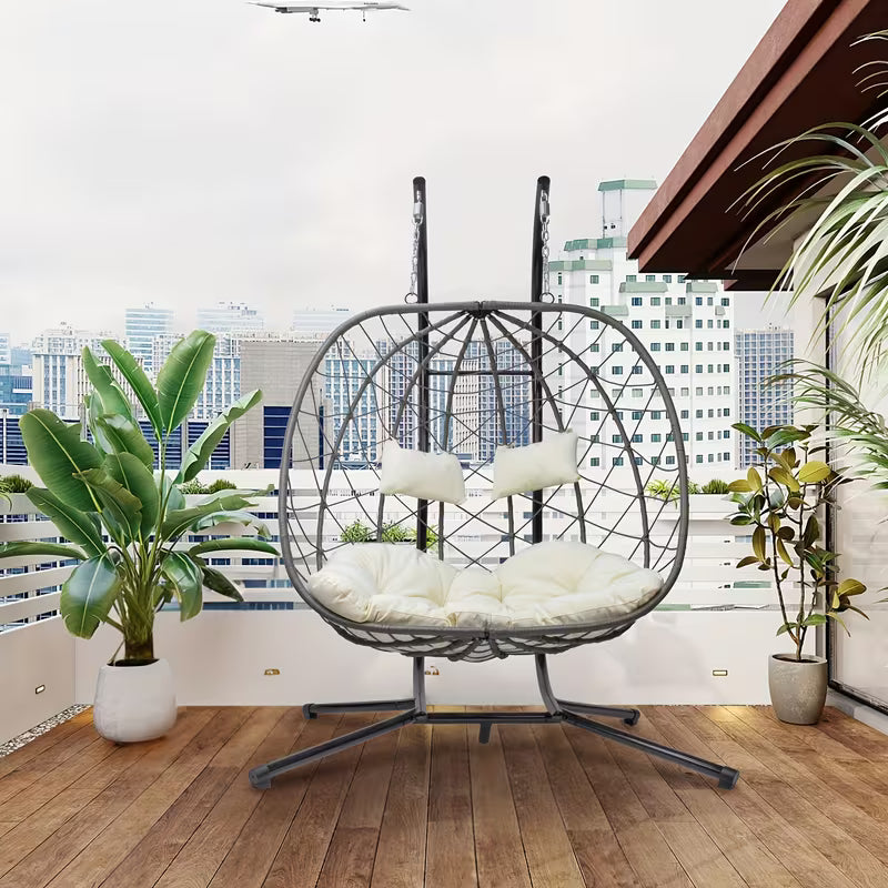 2‑Person Egg/Hammock Swing Chair with Stand – Heavy‑Duty Outdoor Hanging Chair, Deep Cushions, 650‑lb Capacity (Gray)