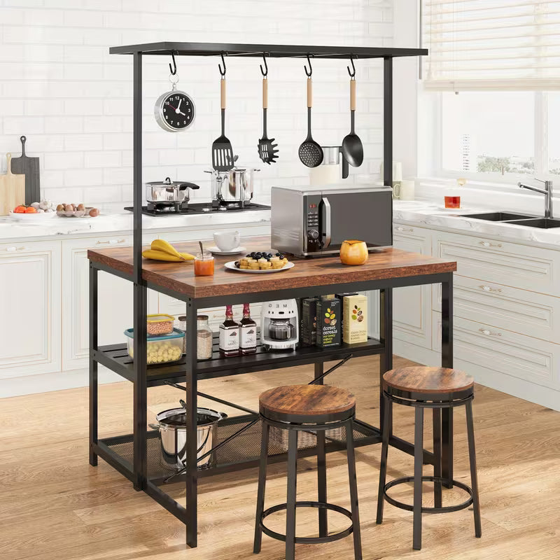 42" Multi‑Functional Kitchen Island with Storage & Seating – 3‑Tier Baker’s Rack, Microwave Stand & Dining Table (Brown)