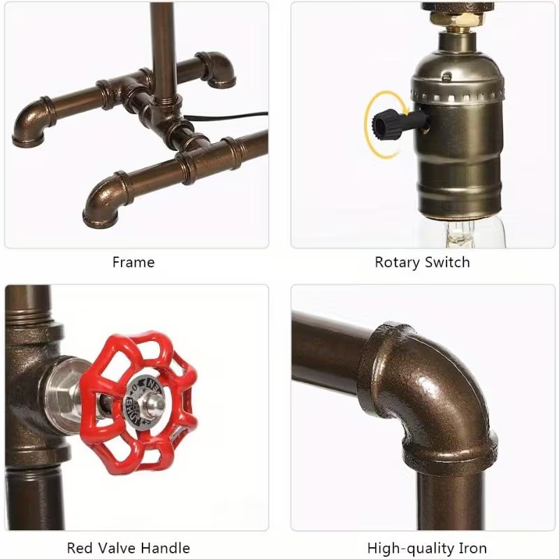 Industrial Steampunk Desk Lamp – Rustic Bronze Metal Pipe Lamp with Red Valve & Exposed Bulb Design (Bulb Not Included)