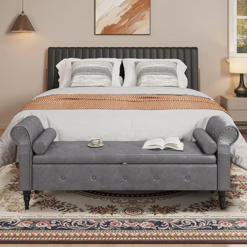 65" Upholstered Storage Bench – Faux Leather Tufted Bed Bench with Rolled Arms & Nailhead Trim (Deep Hidden Storage)