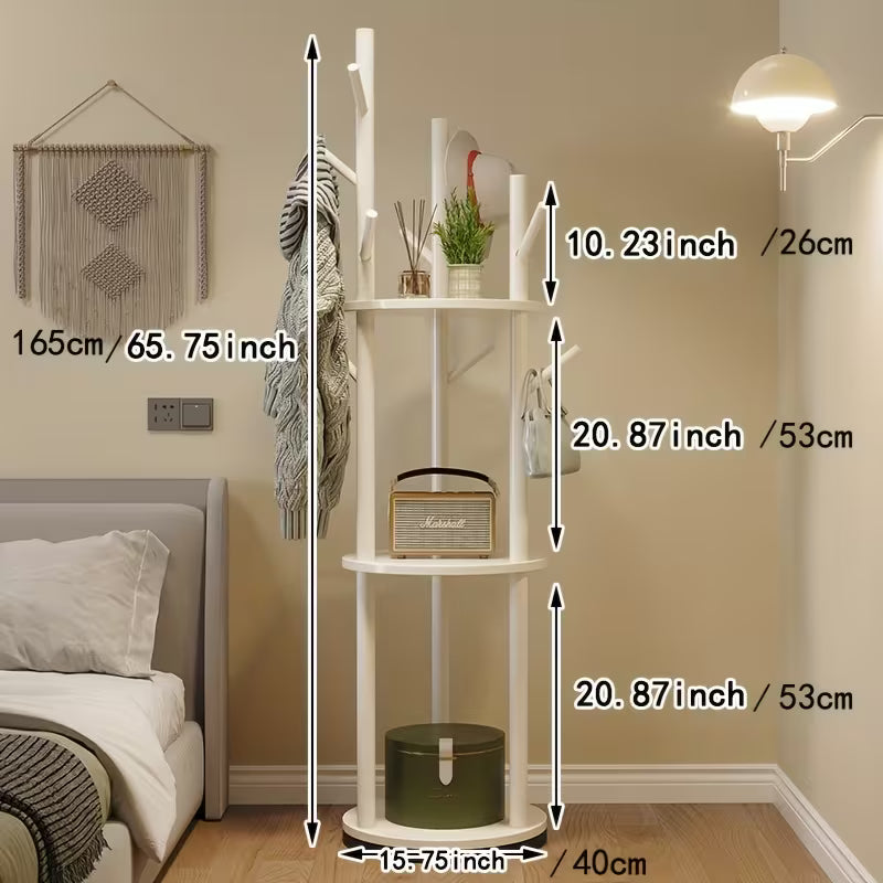 360° Rotating Hardwood Coat Rack – Freestanding Organizer with Hooks, Baskets & Shelves (Wood Color)