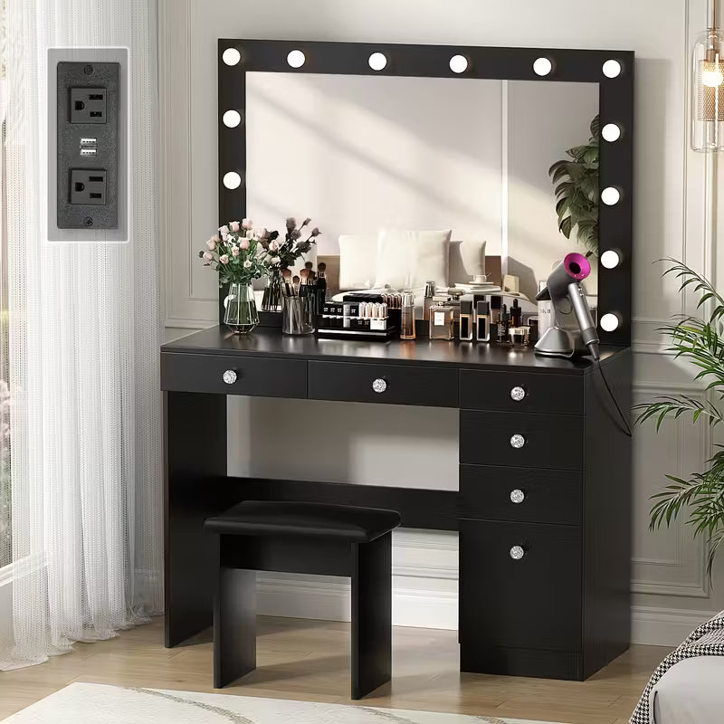 42" Makeup Vanity Table Set with Lighted Mirror, Built‑In Outlet, 5 Drawers, Cabinet & Stool (Black / White / Pink)