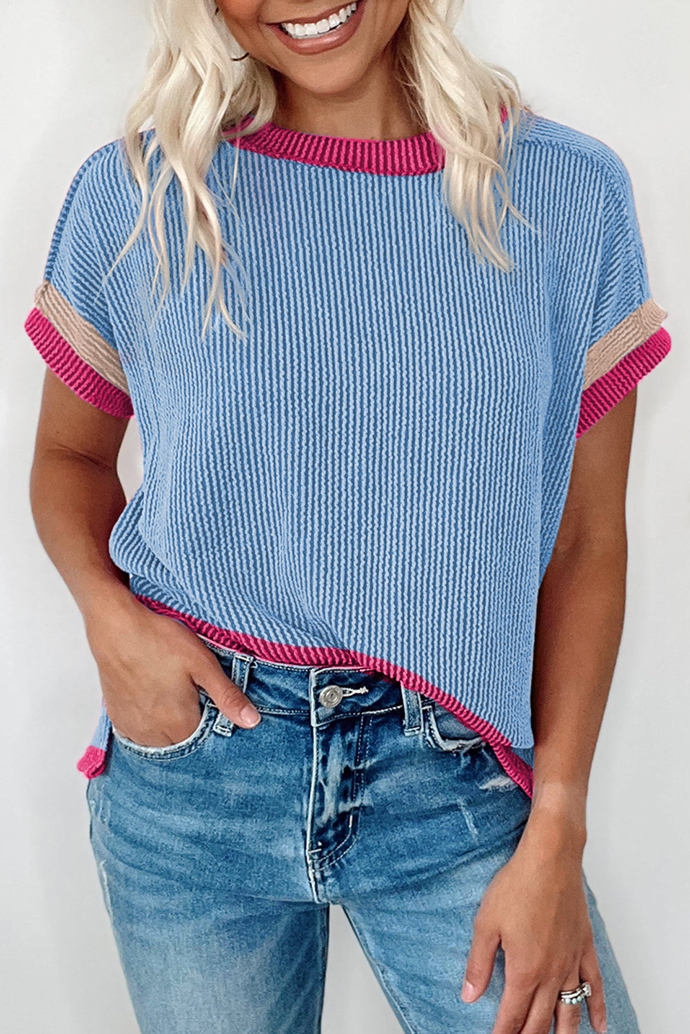 Bright Pink Textured Contrast Trim Round Neck T Shirt
