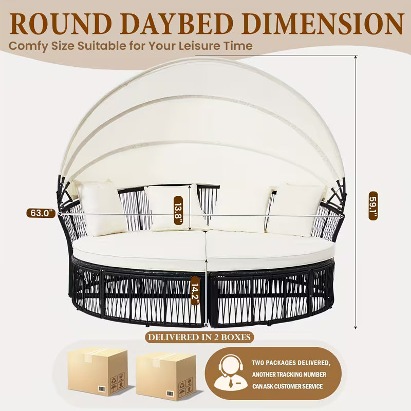 Round Outdoor Daybed with Retractable Canopy – Wicker Rattan Sectional Sofa Set with Cushions (White/Blue)