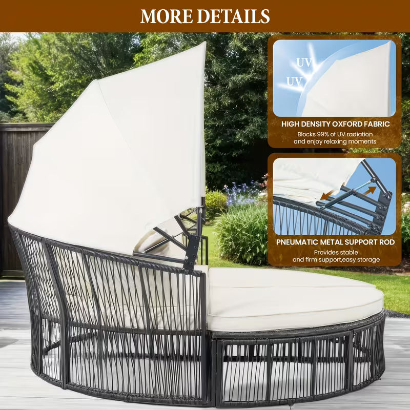 Round Outdoor Daybed with Retractable Canopy – Wicker Rattan Sectional Sofa Set with Cushions (White/Blue)