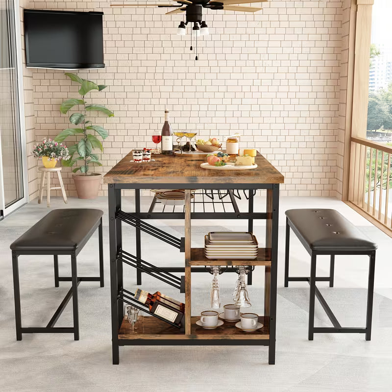 53" Space‑Saving 3‑Piece Dining Table Set with Wine Rack, Glass Holder & Storage – Table + 2 Benches (Brown)
