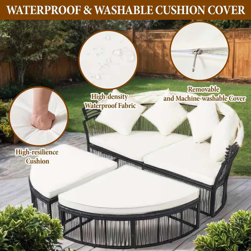 Round Outdoor Daybed with Retractable Canopy – Wicker Rattan Sectional Sofa Set with Cushions (White/Blue)