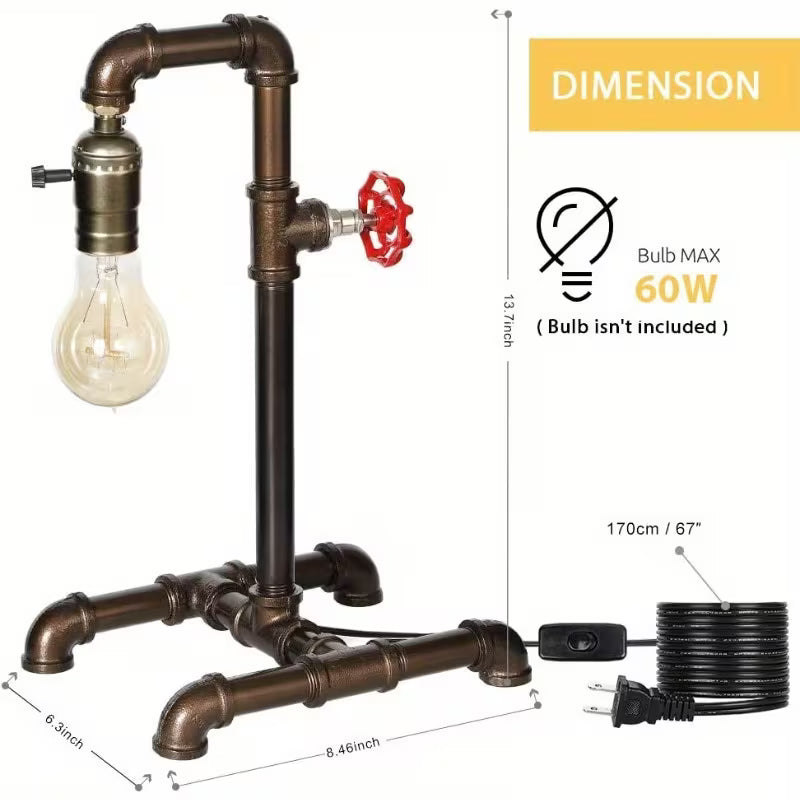 Industrial Steampunk Desk Lamp – Rustic Bronze Metal Pipe Lamp with Red Valve & Exposed Bulb Design (Bulb Not Included)