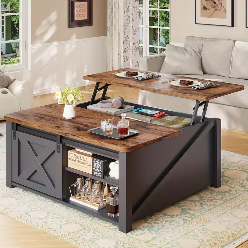 Farmhouse Lift‑Top Coffee Table with Hidden Storage  Square Living Room Table