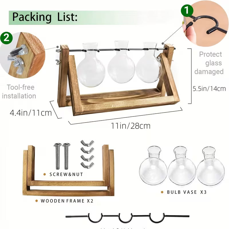 Plant Propagation Station – Wooden Stand with 3 Glass Bulb Vases for Hydroponic Plants & Home Décor