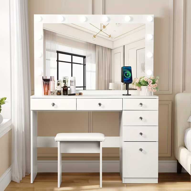 42" Makeup Vanity Table Set with Lighted Mirror, Built‑In Outlet, 5 Drawers, Cabinet & Stool (Black / White / Pink)