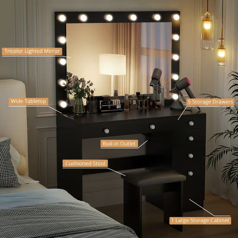 42" Makeup Vanity Table Set with Lighted Mirror, Built‑In Outlet, 5 Drawers, Cabinet & Stool (Black / White / Pink)