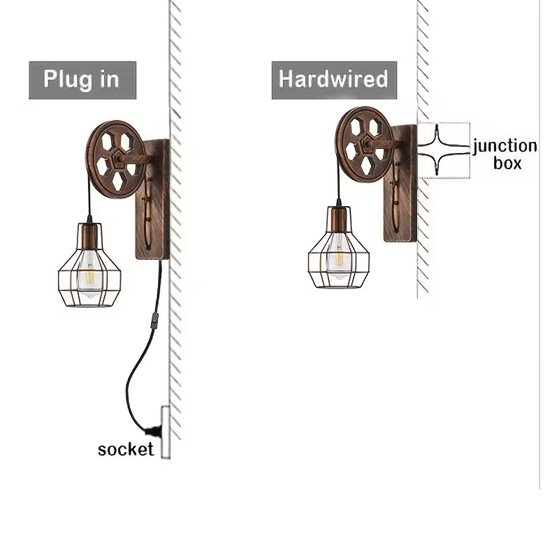 Plug‑In Industrial Wall Lamp Set (2‑Pack) – Retro Farmhouse Cage Sconces with Pulley Bracket & Switch (E26, Bulbs Not Included)