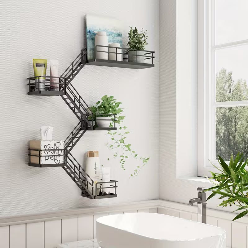 5‑Layer Metal Escape Wall Rack – Floating Fire‑Escape Style Display Shelf with Basket (Black / White)