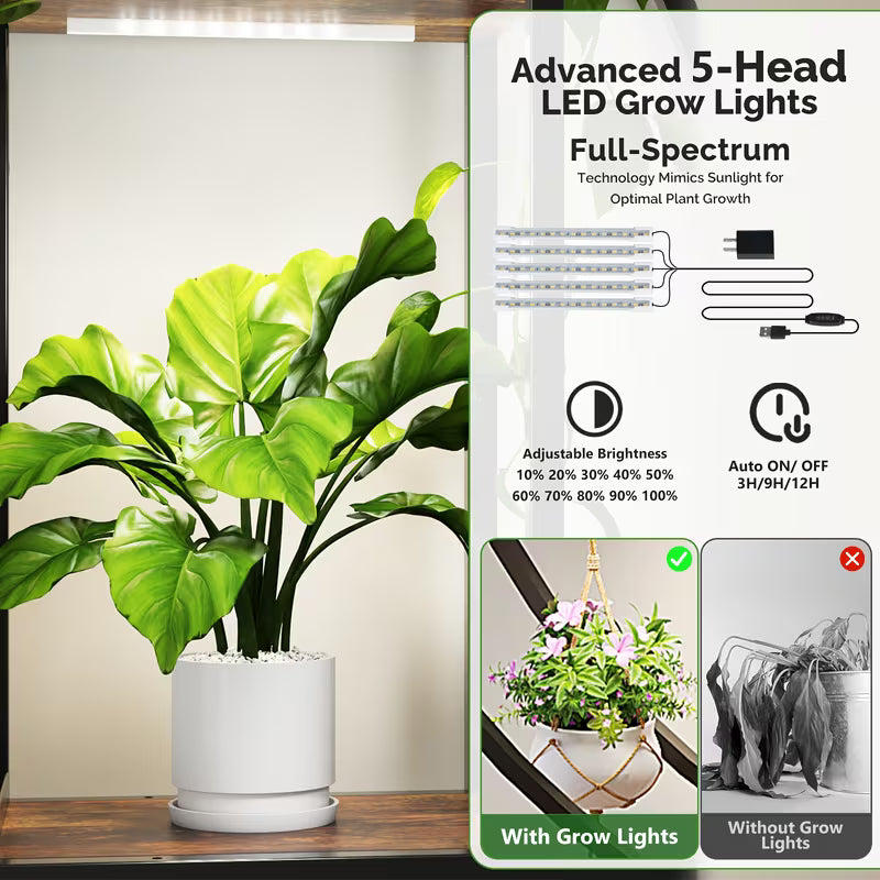 63" Indoor Plant Stand with 5 LED Light Strips – Full‑Moon Round Metal Tiered Shelf for Plant Growing (Black)