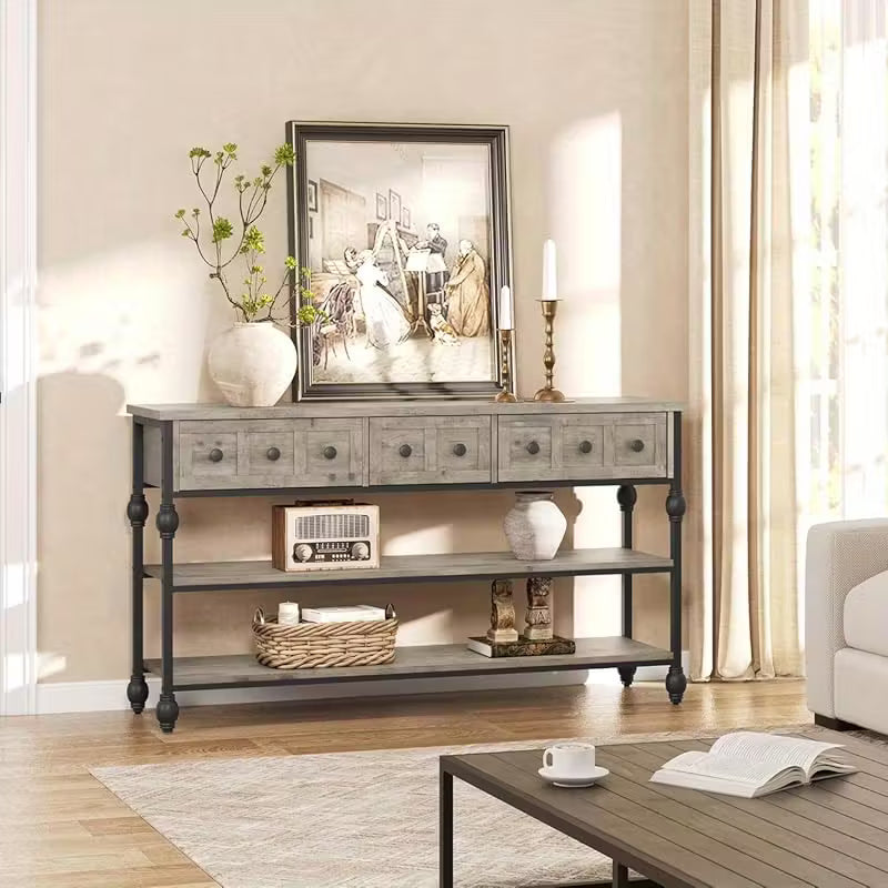 Industrial 3‑Tier Console Table with Drawers – Metal Frame, Open Storage & Rustic Finish