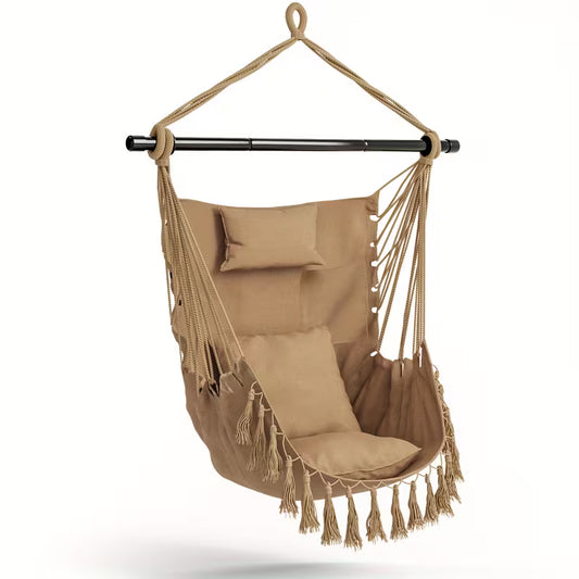 Hammock Chair with Soft Cushions & Steel Bar – Hanging Rope Swing with Side Pocket (Beige)
