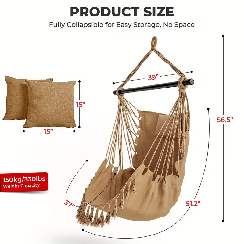 Hammock Chair with Soft Cushions & Steel Bar – Hanging Rope Swing with Side Pocket (Beige)