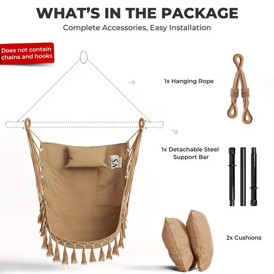 Hammock Chair with Soft Cushions & Steel Bar – Hanging Rope Swing with Side Pocket (Beige)