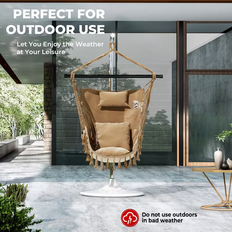 Hammock Chair with Soft Cushions & Steel Bar – Hanging Rope Swing with Side Pocket (Beige)