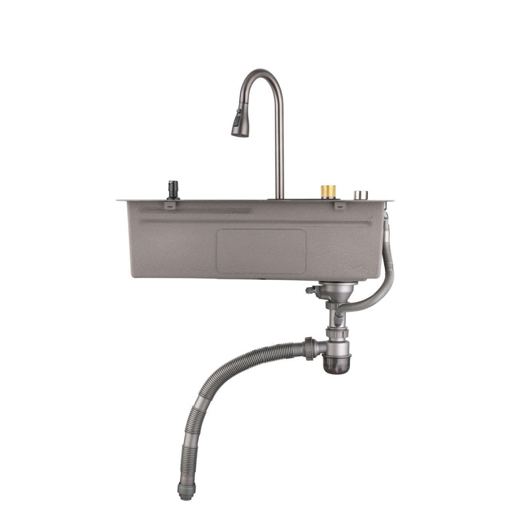 Waterfall Kitchen Sink, Stainless Steel Single Bowl In Black, Multifunctional Workstation With Flying-rain Faucet And Cutting Board, Stainless Steel Single Bowl Sink, LS-SSBL05