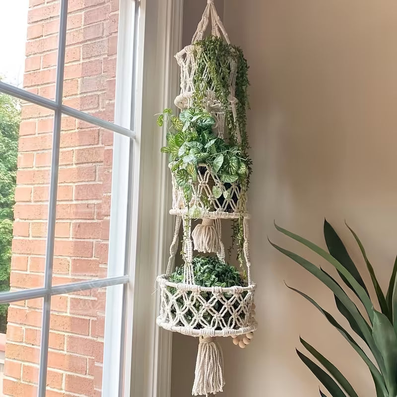 Macrame Hanging Fruit Basket – 1/2/3‑Tier Boho Wall Storage for Fruits, Vegetables & Indoor Plants (Natural Cotton)