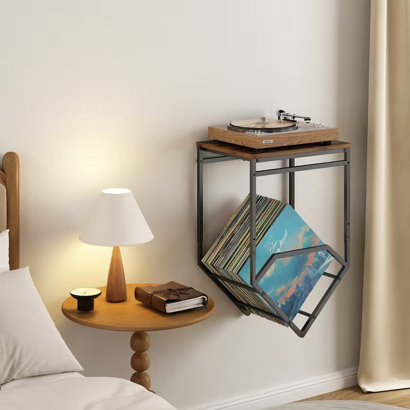 Wall‑Mounted Record Player Stand with Storage – Metal Audio Shelf for Albums & Speakers