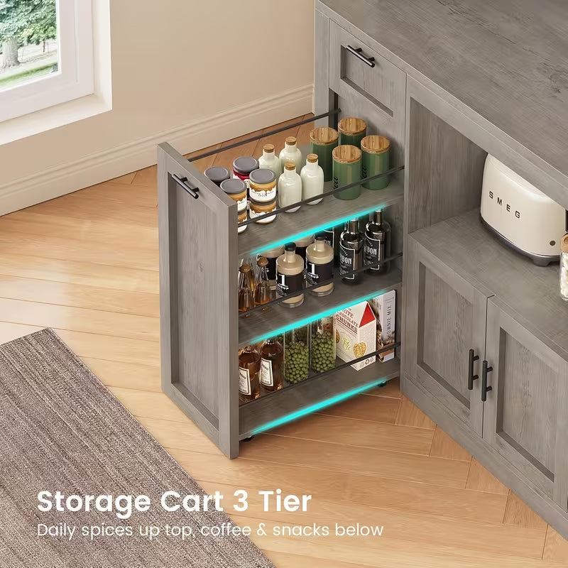 71" Pantry Cabinet with Charging Station & LED Light – Kitchen Storage Cabinet with Microwave Stand & 3‑Tier Storage Cart (Grey)
