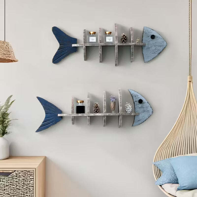 Mediterranean Wooden Fishbone Wall Shelf – Minimalist Nordic Wall‑Mounted Decorative Shelf (Multiple Styles)