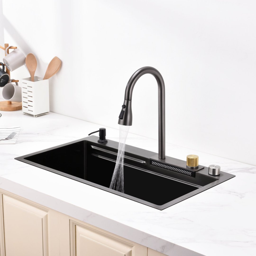 Waterfall Kitchen Sink, Stainless Steel Single Bowl In Black, Multifunctional Workstation With Flying-rain Faucet And Cutting Board, Stainless Steel Single Bowl Sink, LS-SSBL05