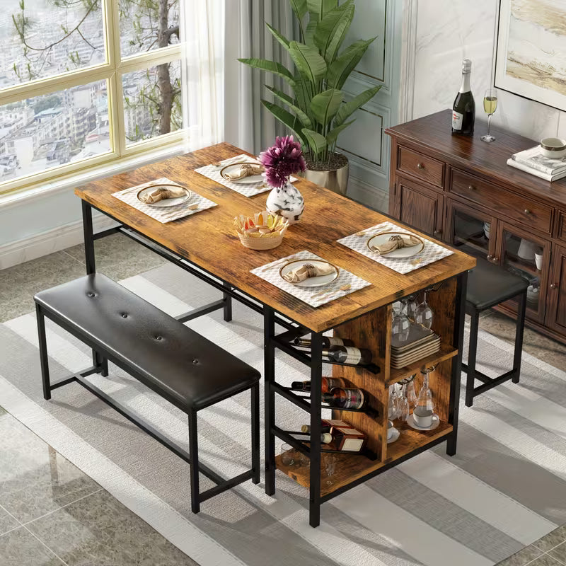 53" Space‑Saving 3‑Piece Dining Table Set with Wine Rack, Glass Holder & Storage – Table + 2 Benches (Brown)
