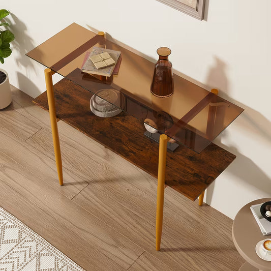 Mid‑Century Modern Glass Sofa Table – 2‑Tier Entryway & Behind‑Couch Table with Golden Metal Legs (White / Brown)