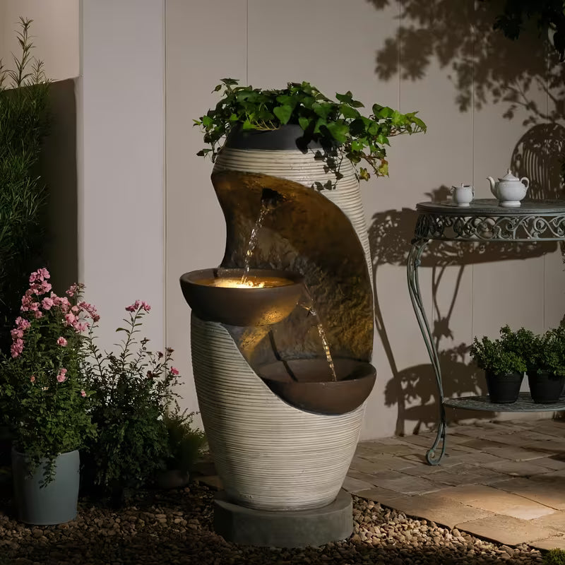 27.95" Indoor/Outdoor Water Fountain with LED Lights – 2‑Tier Resin Bowl Waterfall Fountain