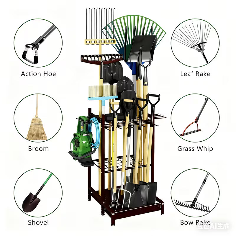 Heavy‑Duty Metal Garden Tool Organizer – Multi‑Tier Standing Tool Rack with Hooks for Long‑Handled Tools