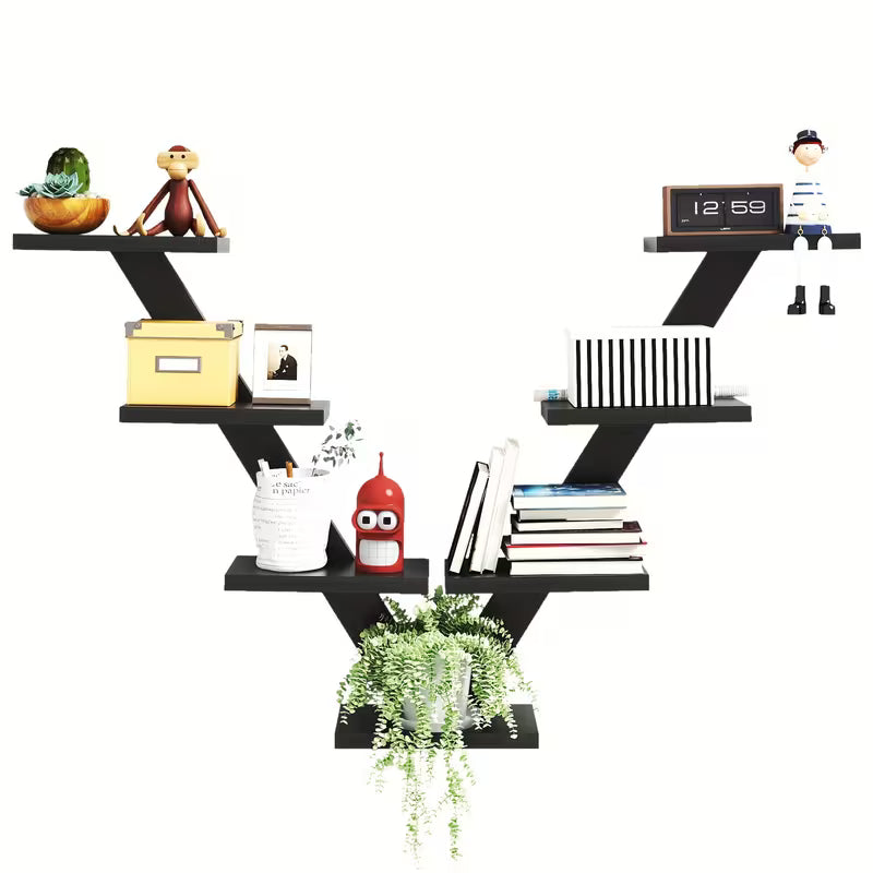 7‑Tier Wooden Floating Shelf – V‑Shaped Tree‑Branch Wall Shelf for Books, Plants & Décor (White)