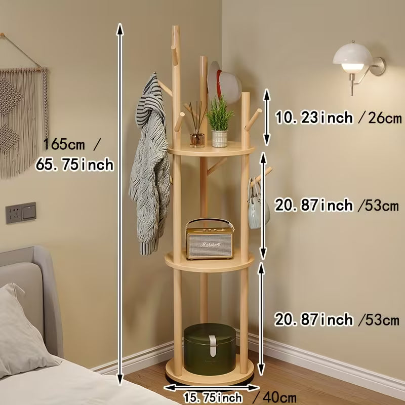 360° Rotating Hardwood Coat Rack – Freestanding Organizer with Hooks, Baskets & Shelves (Wood Color)